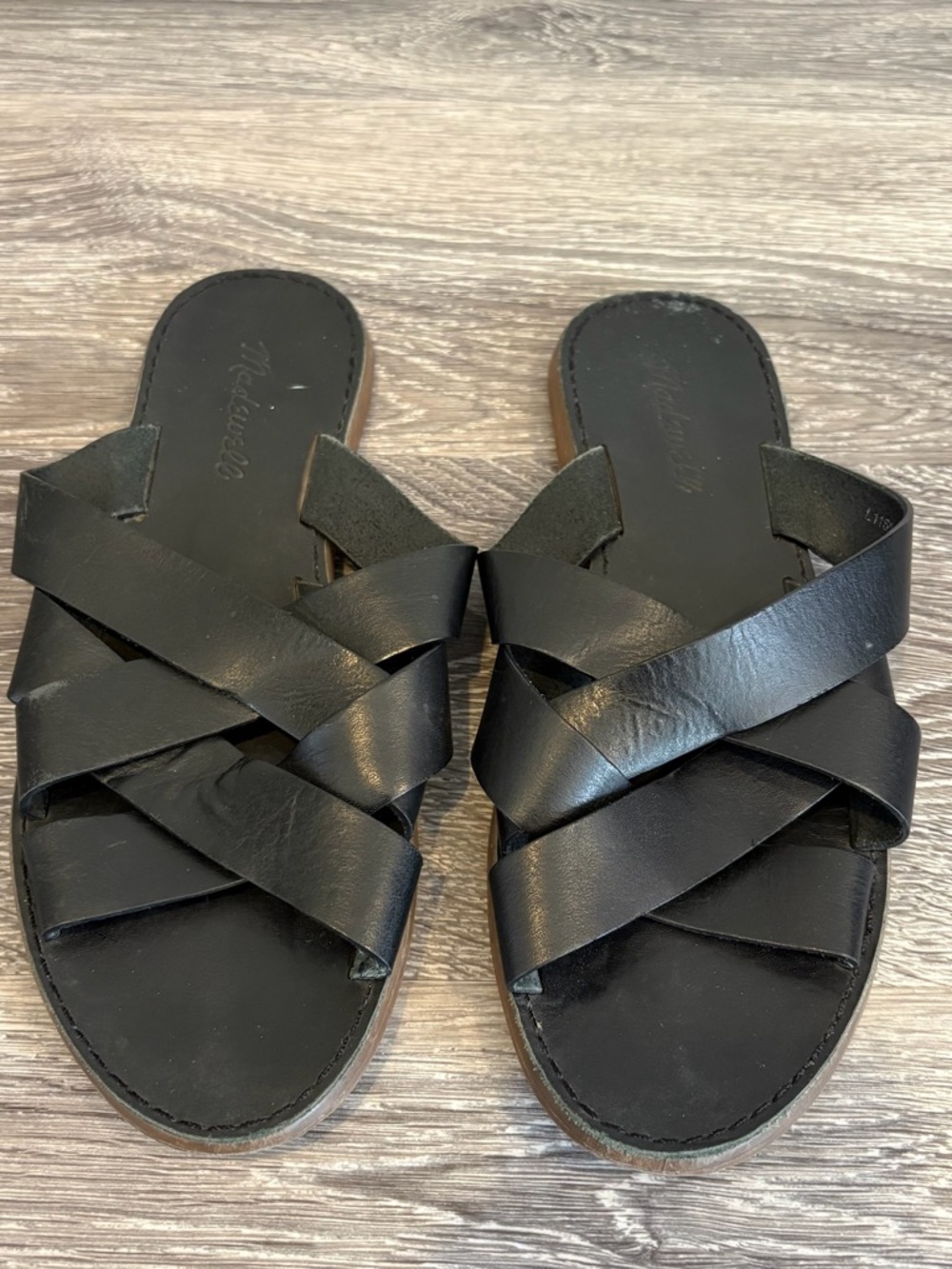 Madewell The Boardwalk Woven Slide Sandals Black Leather Strappy Slides Size 8